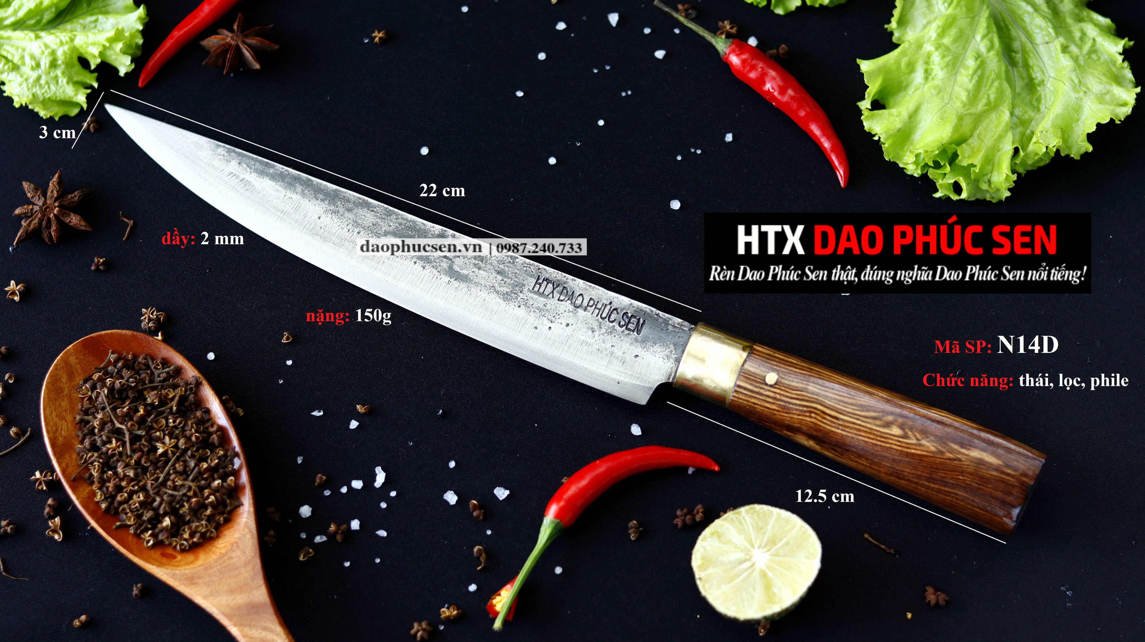 Dao phile nhíp xe rèn thủ công cán gỗ khâu đồng N14D