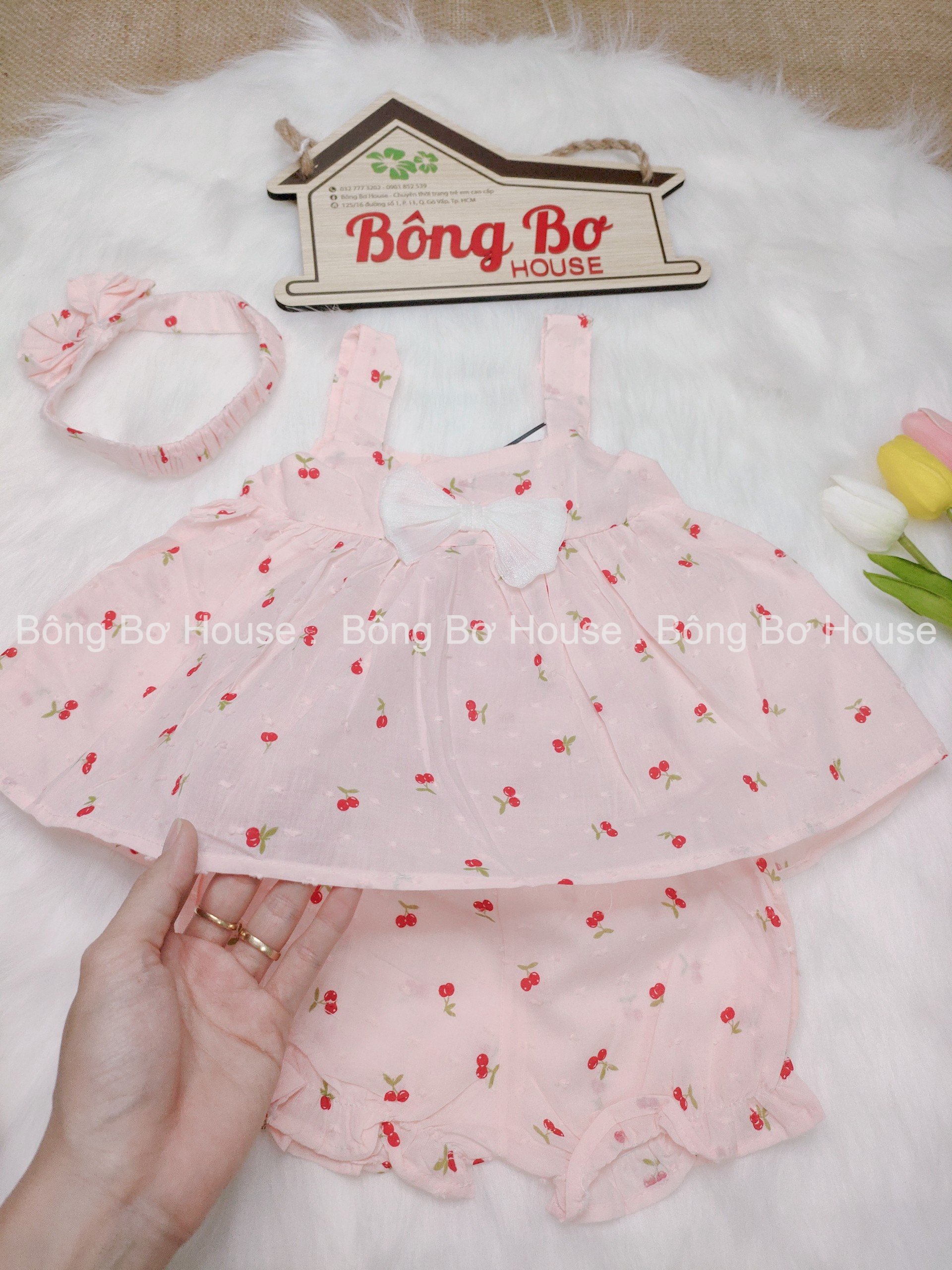 (Hình thật) 𝑺𝑬𝑻 𝑪𝑯𝑬𝑹𝑹𝒀 𝑺𝑻𝒀𝑳𝑬 𝑩𝑨́𝑵𝑯 𝑩𝑬̀𝑶 (size nhí cho bé gái từ 6kg-12kg)