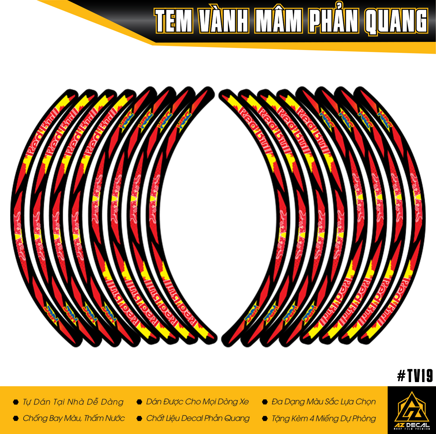 Tem Vành Phản Quang Phong Cách RED BULL | TV19 | Decal Dán Mâm Xe Máy, Xe Điện, Xe Thể Thao | Azdecal