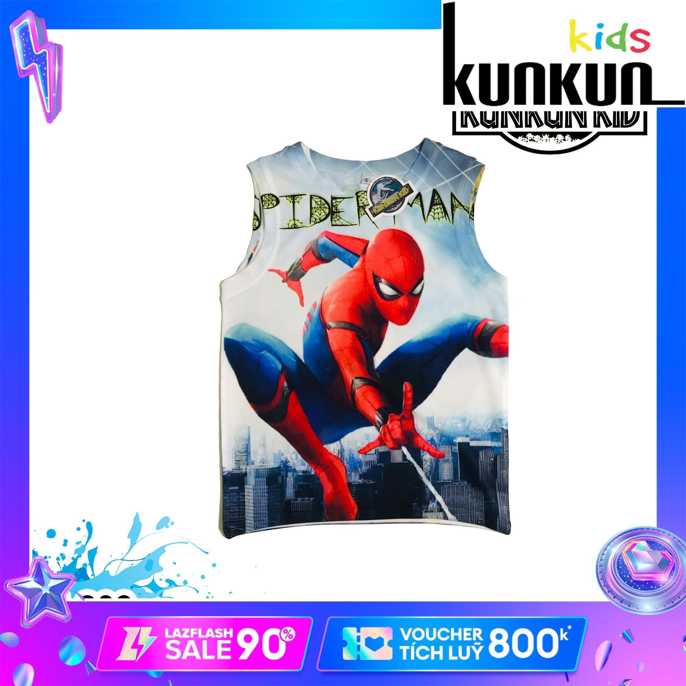 Đồ bộ bé trai thun ba lỗ Bé trai In 3D Hình Người Nhện Xanh-Đỏ Kunkun BL209