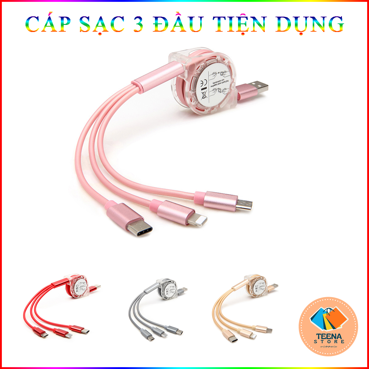 Cáp sạc 3 đầu dây rút cổng lightning, type-c, micro usb dây dài 1m
