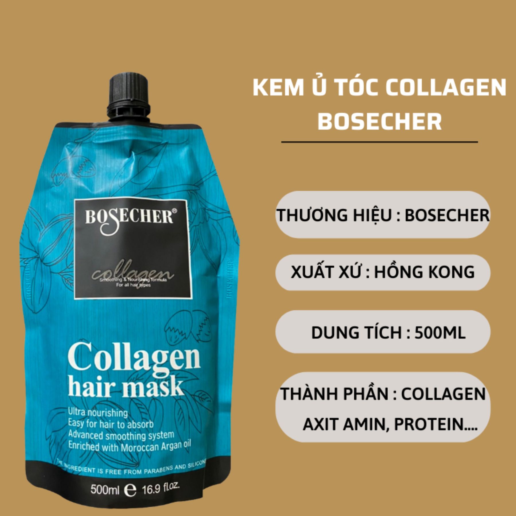 Ủ tóc hấp phục hồi tóc kem hấp hấp tóc BOSECHERCollagen Keratin túi 500ml