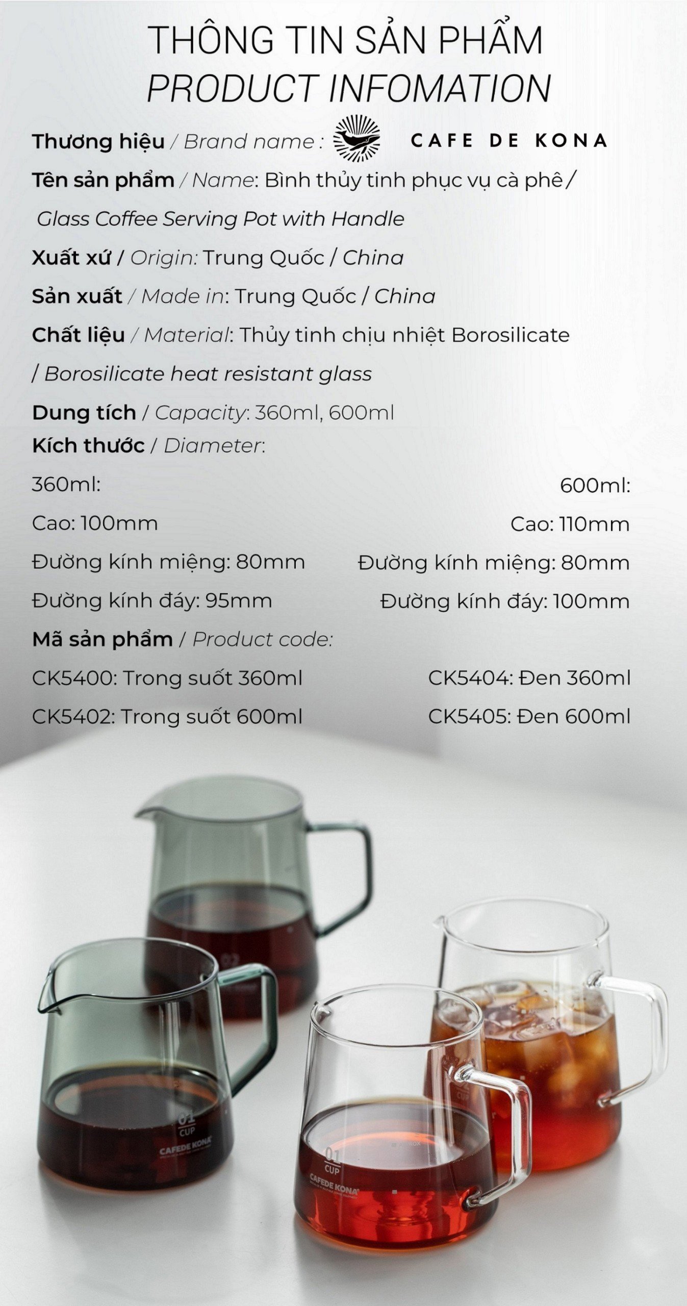 Bình thuỷ tinh phục vụ đựng cafe cà phê CAFE DE KONA