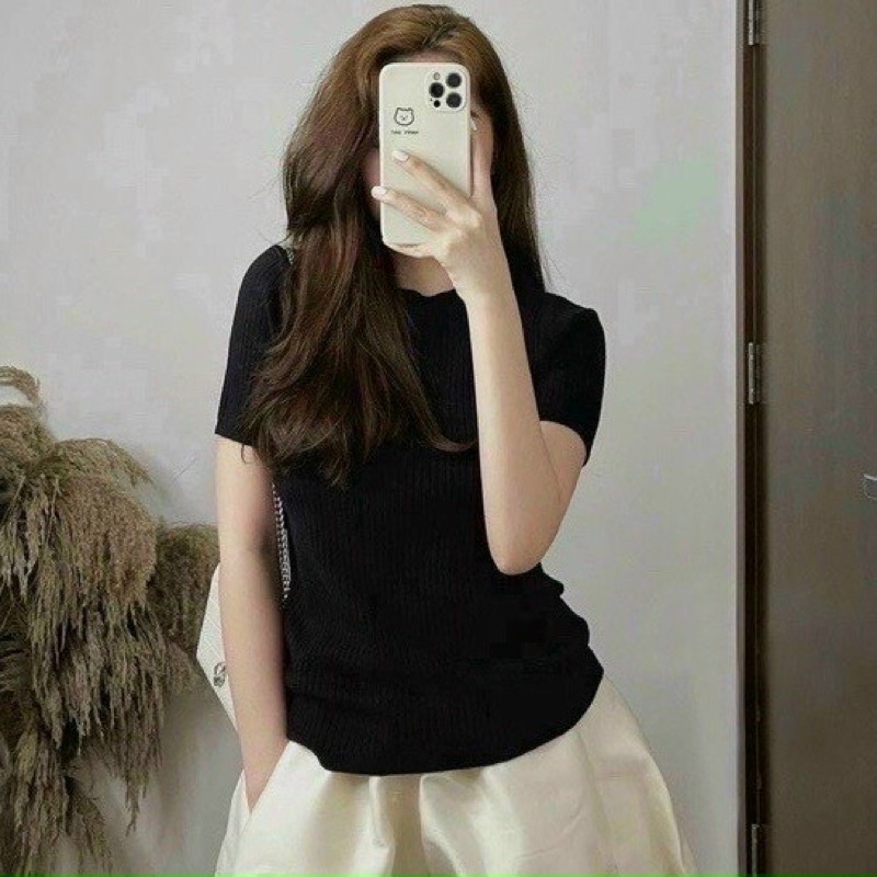 Áo len tăm cộc tay cổ tròn dáng basic