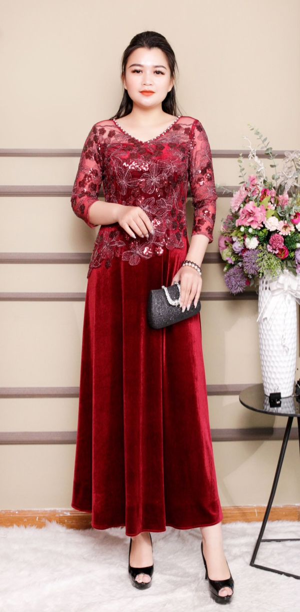 [ XẢ HÀNG GIÁ GỐC ] ĐẦM NHUNG PHỐI REN KIM XA CAO CẤP - CMB11