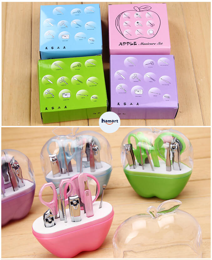 Bộ Dụng Cụ Làm Nail Apple Bộ Bấm Móng Tay 9 Món Quả Táo Kèm Gương Mini Cầm Tay Tiện Lợi