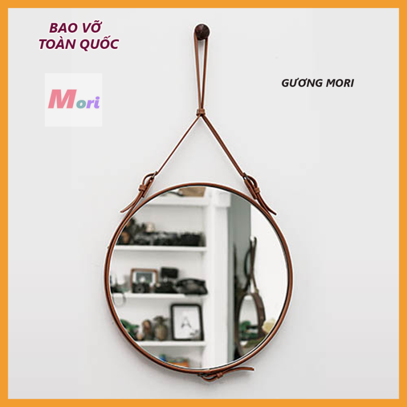 (Size40cm) Gương Tròn Viền Da Simili màu vàng bò