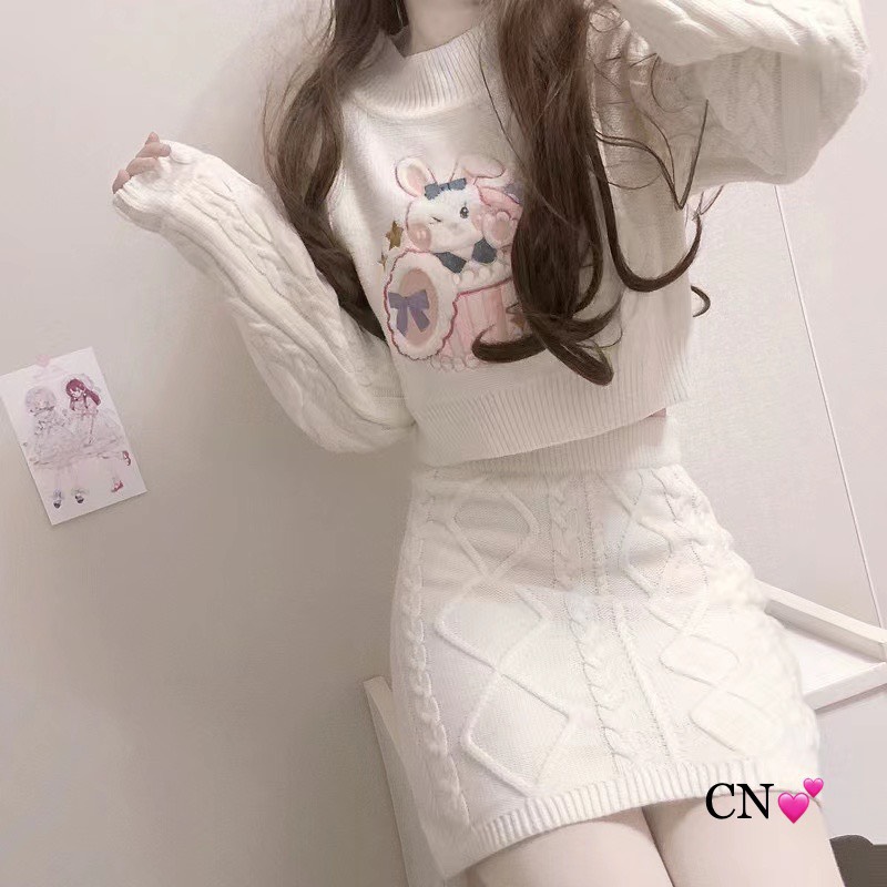 Set len thỏ vặn thừng áo croptop + chân váy QCCC