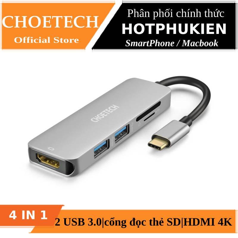 [HCM]Hub Adapter chuyển đổi 4 in 1 Type-C ra 2 cổng USB 3.0 cổng HDMI 4K & cổng thẻ nhớ SD và thẻ TF hiệu CHOETECH M08 dùng cho điện thoại / Macbook / Laptop (Bảo hành 03 tháng 1 đổi 1) - Phân phối bởi Hotphukien