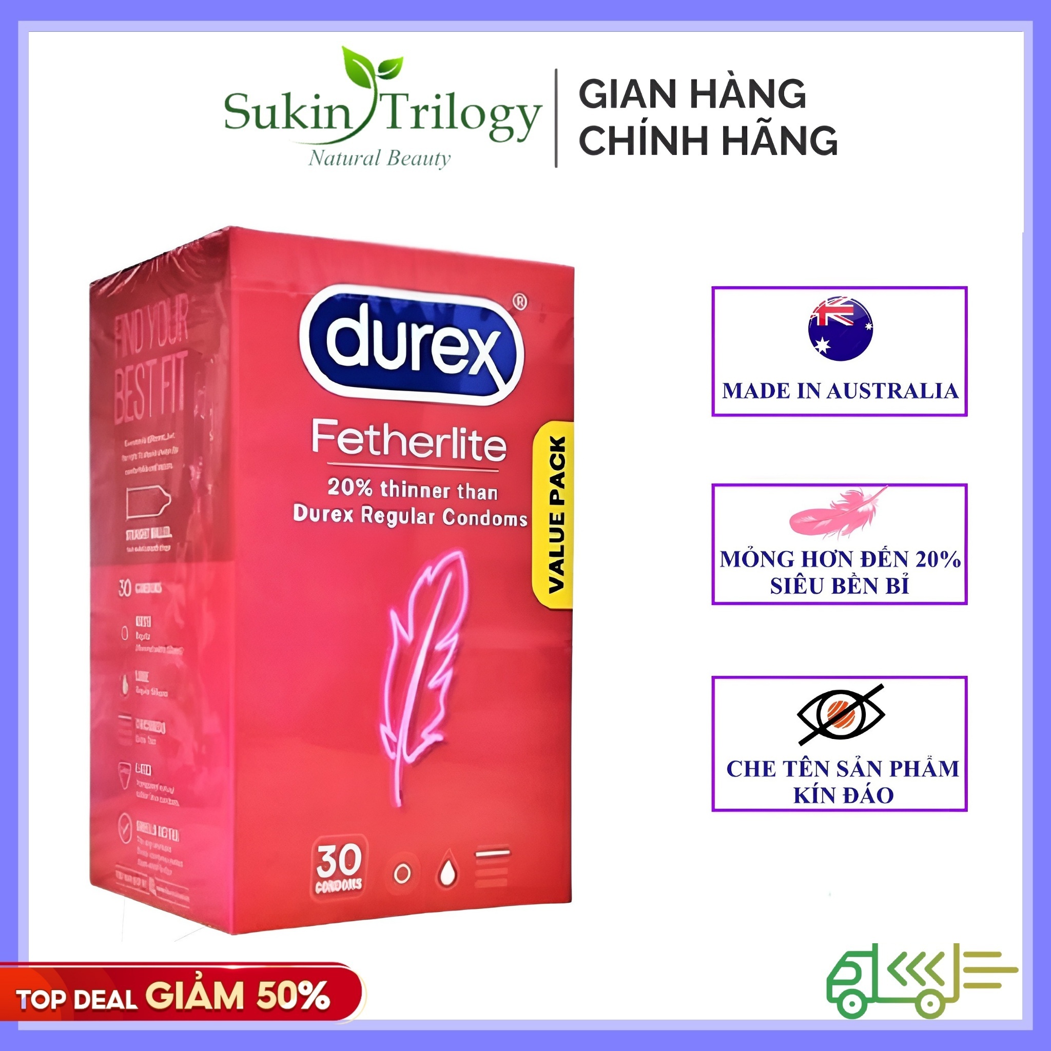 Hộp 30 cái bao cao su Durex Fetherlite Úc siêu mỏng