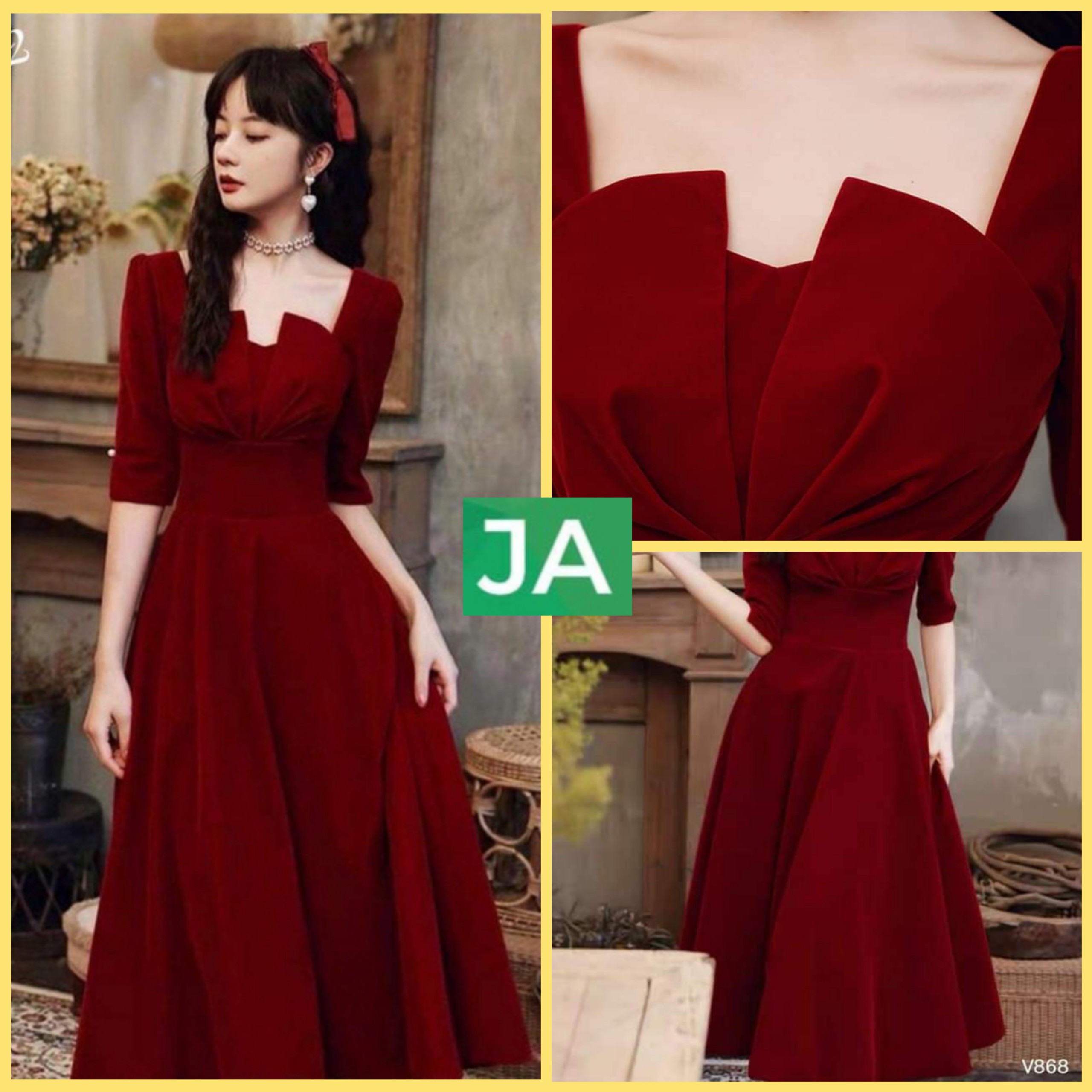 Đầm nhung đỏ thiết kế dáng dài cách điệu vintage, đầm xòe vintage, đầm nữ dự tiệc JAMS89
