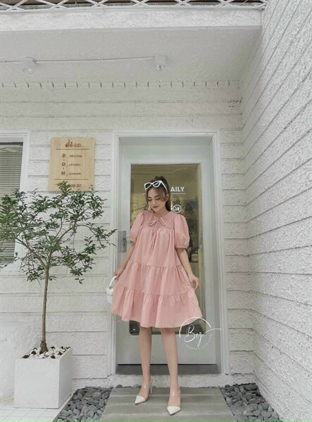 [HCM-Voucher 50k Freeship Max] ĐẦM BABYDOLL HỒNG PHẤN XÒE TAY BỒNG