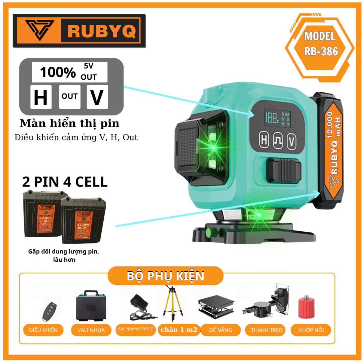 Máy cân bằng laser Bóng Super lep siêu sáng 12 tia xanh chính hãng RUBYQ CAO CẤP có đồng hồ hiện thi phần trăm pin