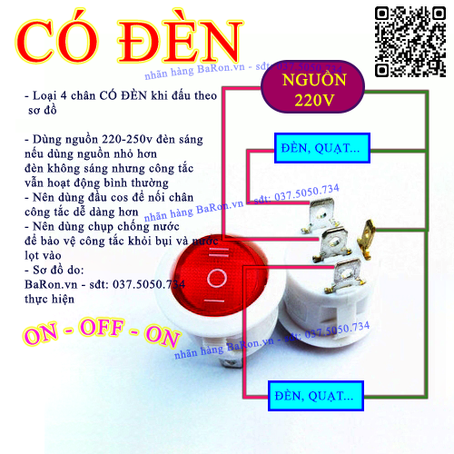 Công tắc tròn on/off/on 3 chân, 4 chân có đèn báo