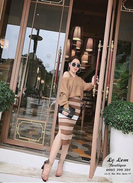 set váy len kẻ kèm áo lệch vai