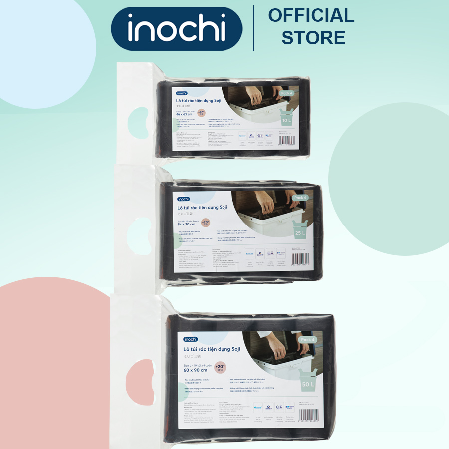 Combo 4 cuộn túi rác tiện dụng Soji, túi rác sinh học tự hủy, túi rác thân thiện môi trường, lô túi rác Inochi