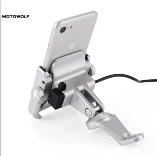 GIÁ ĐỠ ĐIỆN THOAI CNC Không gỉ, GẮN CHÂN GƯƠNG XE MÁY, hiệu MOTOWOLF có rack sạc