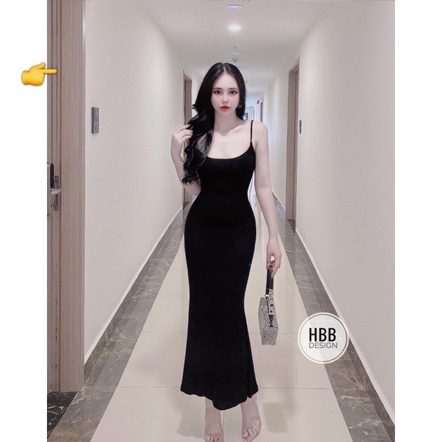 Đầm 2 dây thun lụa hở lưng dáng dài xòe cực xinh
