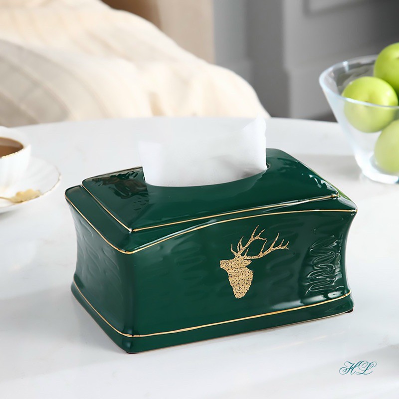 Hộp giấy ăn sứ xanh cổ vịt hươu vàng sang chảnh