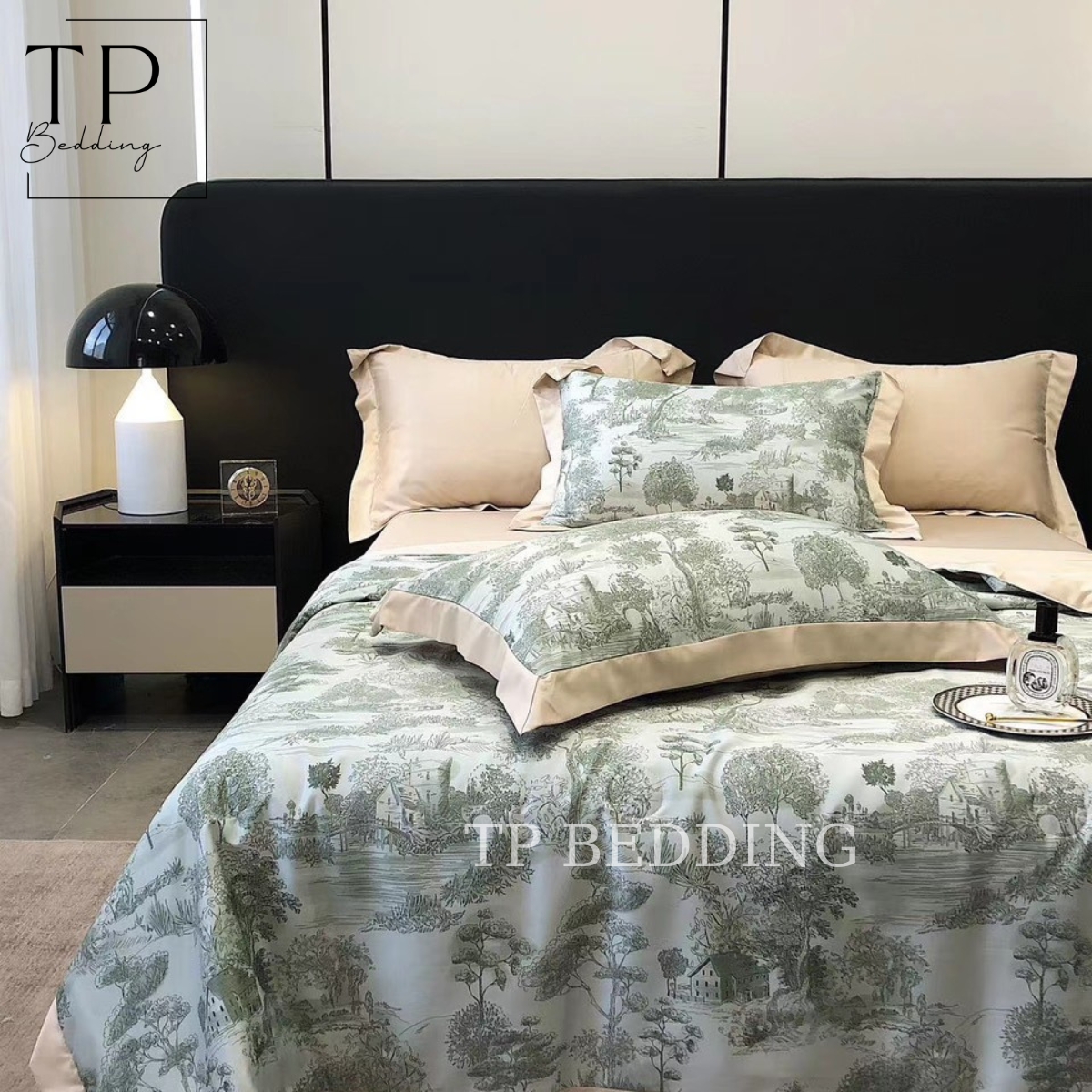 Bộ chăn ga gối phi lụa cao cấp thêu họa tiết Genji Decor