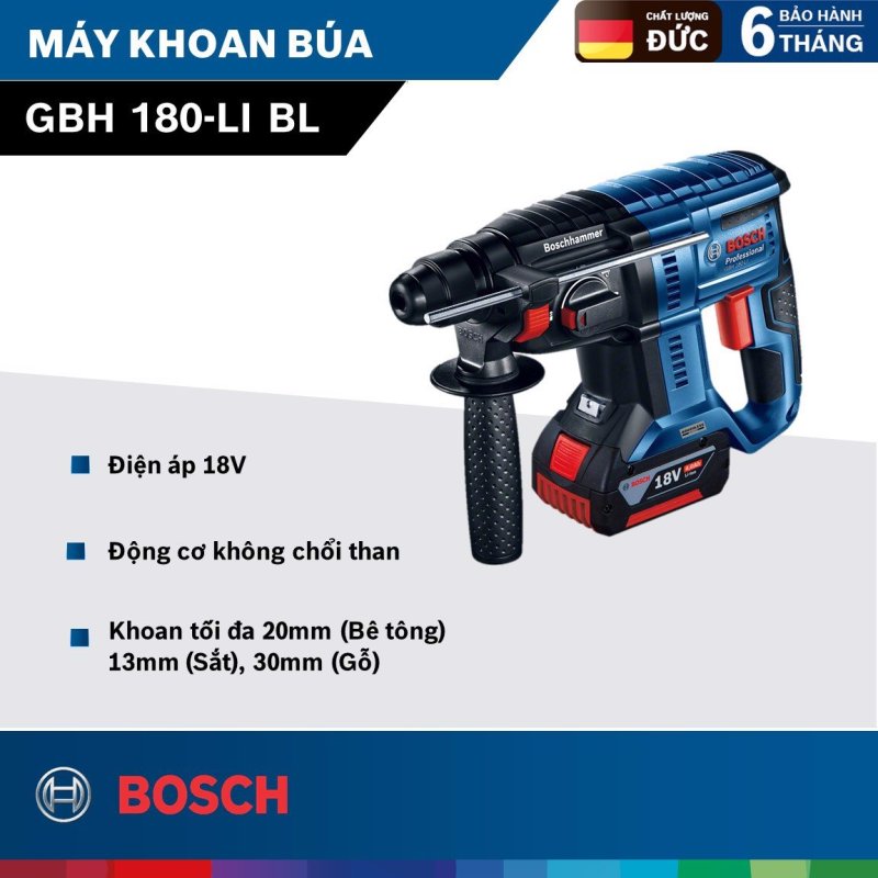 [Trả góp 0%] Máy khoan bê tông dùng pin Bosch GBH 180-Li BL ( 2 pin 18V 4.0Ah) - Động cơ không chổi than