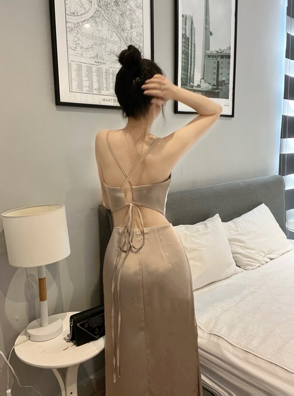 Đầm lụa dài thiết kế hở lưng cột dây xẻ tà dự tiệc cao cấp