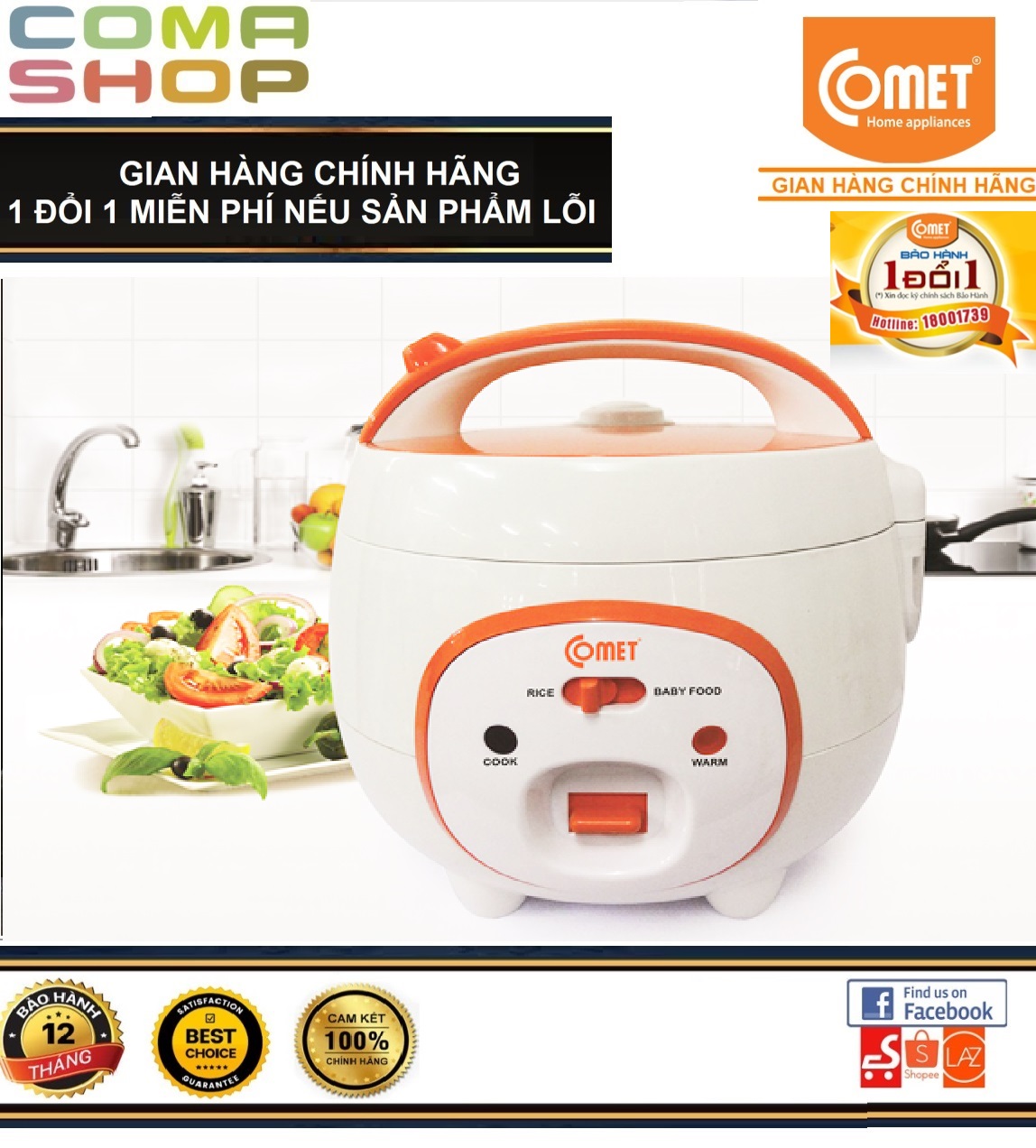 NỒI CƠM ĐIỆN NẮP GÀI CHỐNG DÍNH COMET CM8006N8 (0.8L) HÀNG CHÍNH HÃNG - BẢO HÀNH 12 THÁNG
