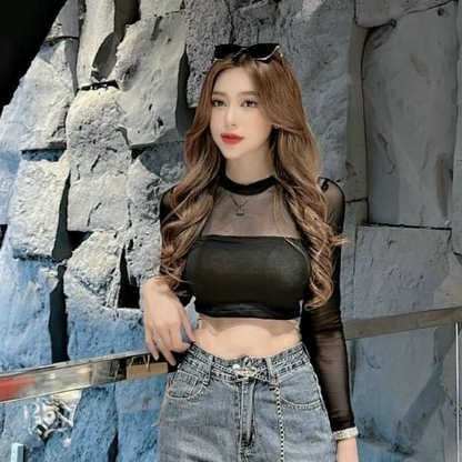 Diva áo thun croptop ôm body tay dài phối lưới beveda