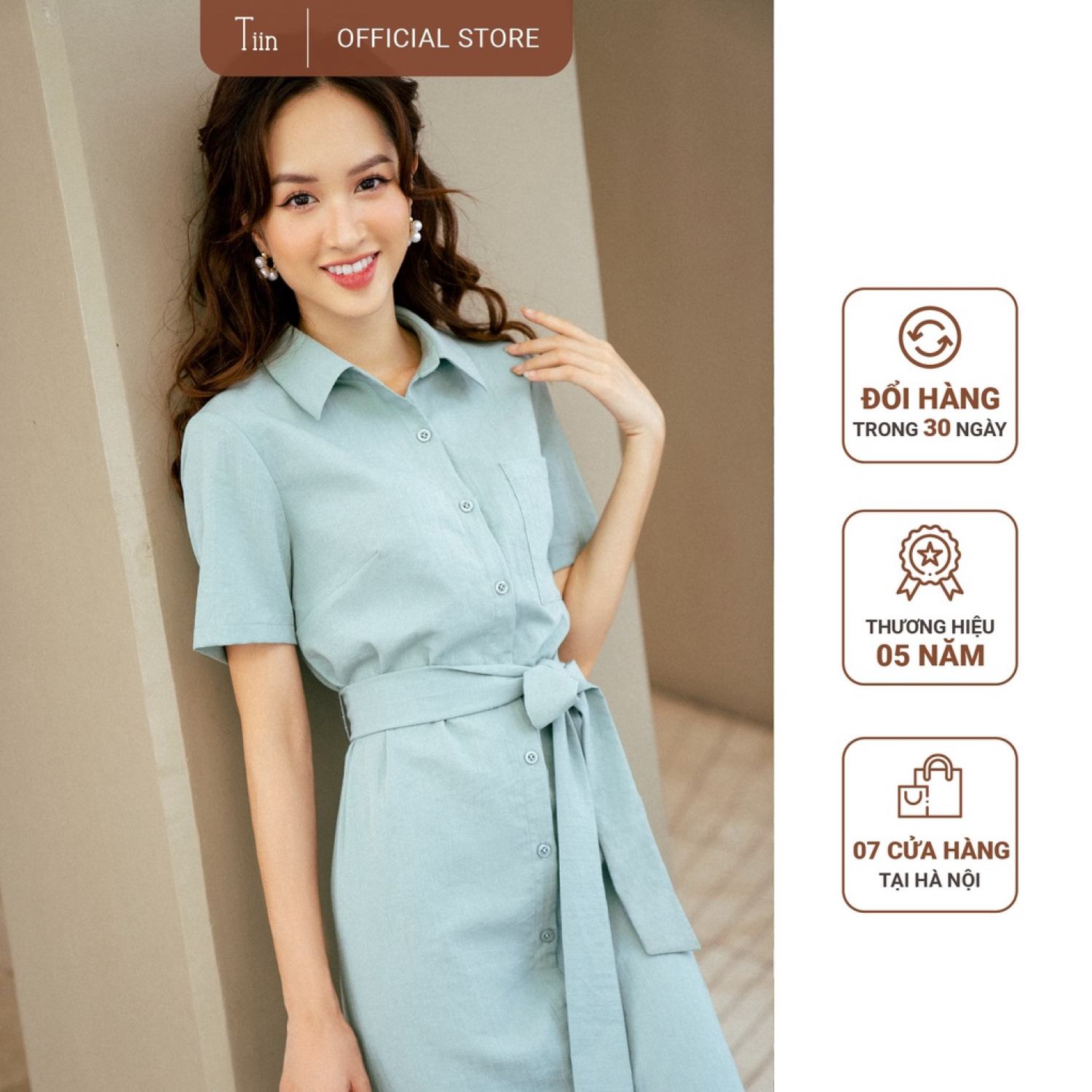Váy suông đai eo TIIN STORE chất đũi xanh mint VHN469