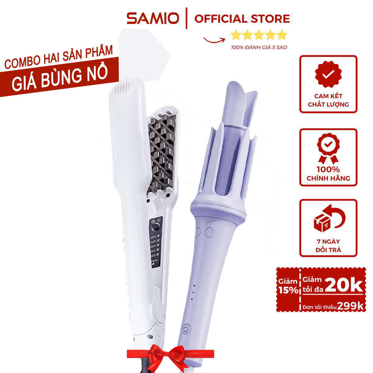 Combo Máy Uốn Tóc Tự Động Và Máy Dập Xù, Bấm Phồng Chân Tóc Vuông