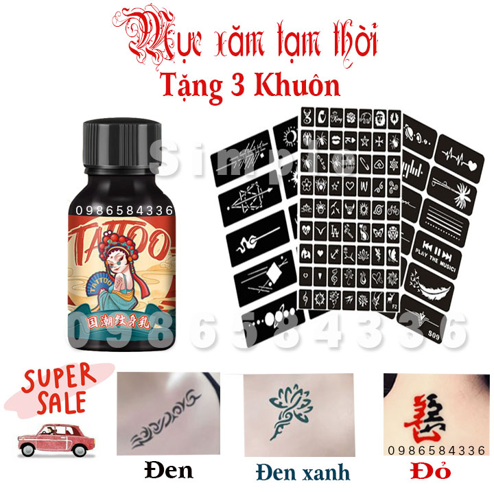 【INK TATTO】Mực Xăm 15Day Phiên Bản Cao Cấp [Màu Đen - Đỏ - Xanh] [ Tặng 3 Khuôn xăm + hình Sticker]  No.3