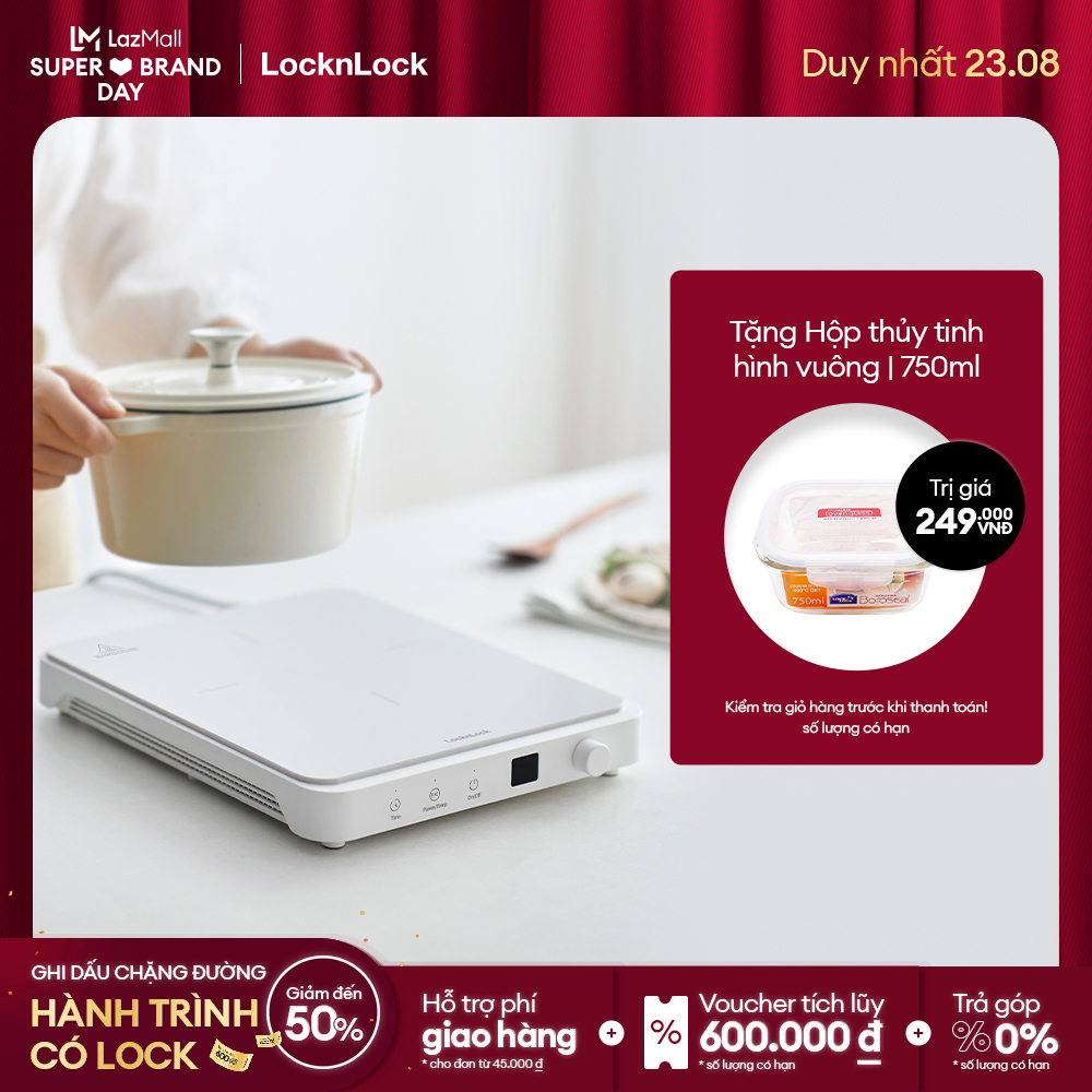 Bếp điện từ Lock&Lock Bianco Slim induction cooker EJI146WHT màu trắng, siêu mỏng công suất mạnh đa chế độ nấu
