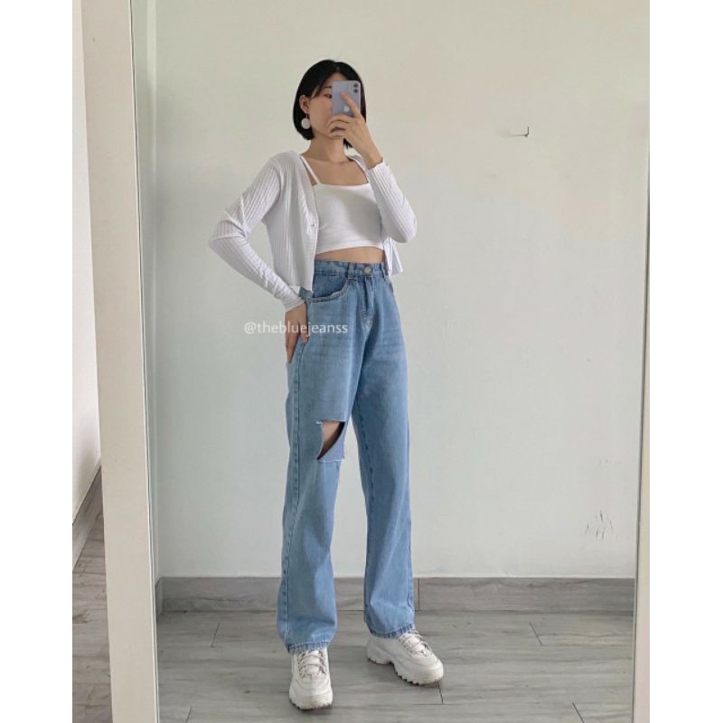 quần bò rách gối nữ cạp cao