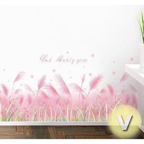 Decal dán chân tường mẫu hoa cỏ may hồng