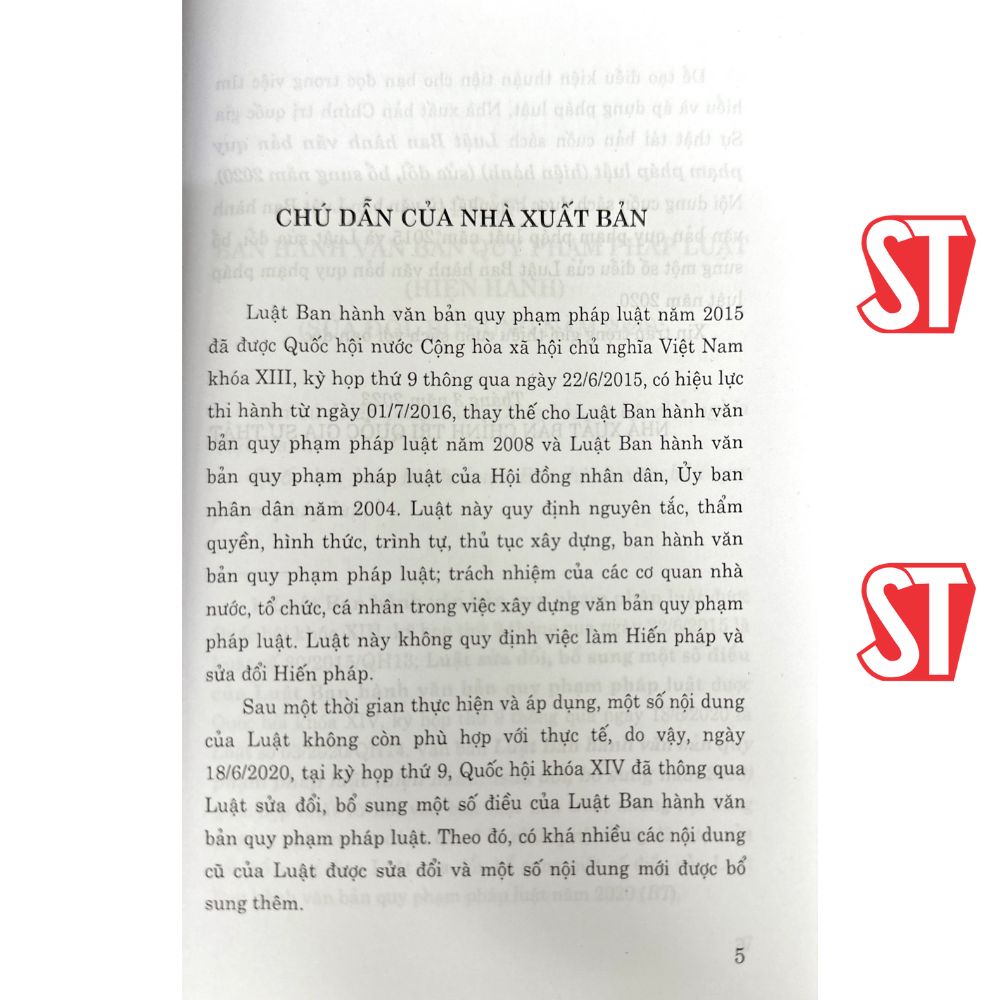 [Sách] Luật Ban hành văn bản quy phạm pháp luật (hiện hành) (sửa đổi, bổ sung năm 2020)