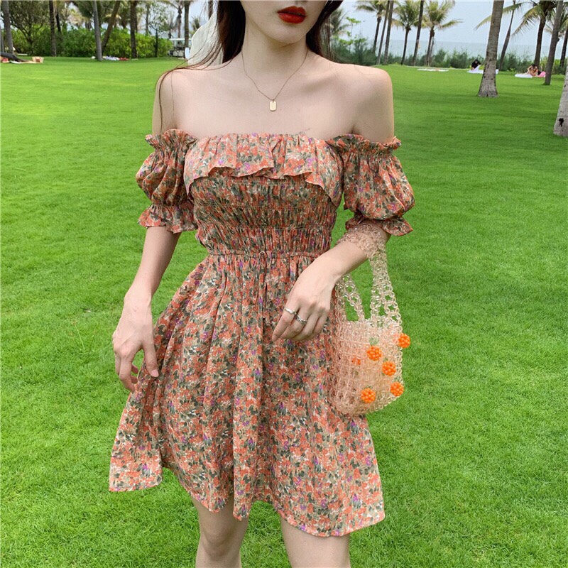 Đầm Lụa Xòe  Hoa Nhí Trễ Vai Gợi Cảm TTSA0544