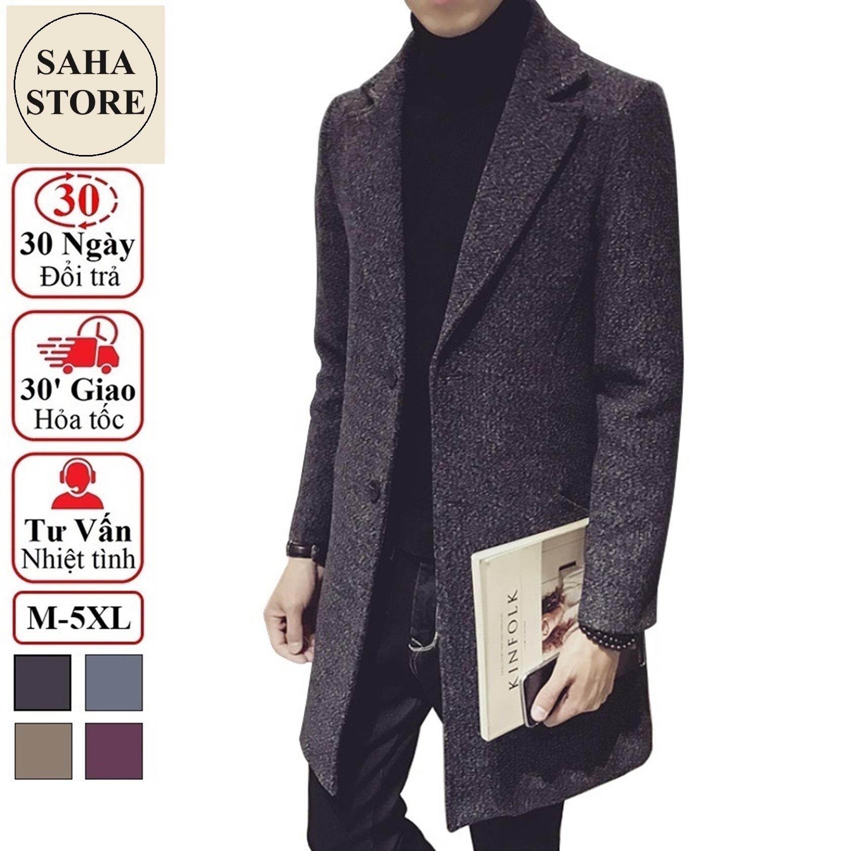 Áo khoác dạ nam hàn quốc dáng dài SAHA02 blazer măng tô đen xám mangto trench coat mantle manto big size XXL 3XL 4XL 5XL