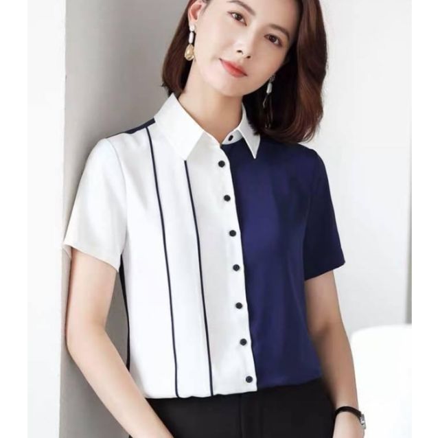 áo sơ mi nữ ngắn tay phối 2 nửa màu trắng và xanh PONIVA BRANCH vải kate mềm mịn