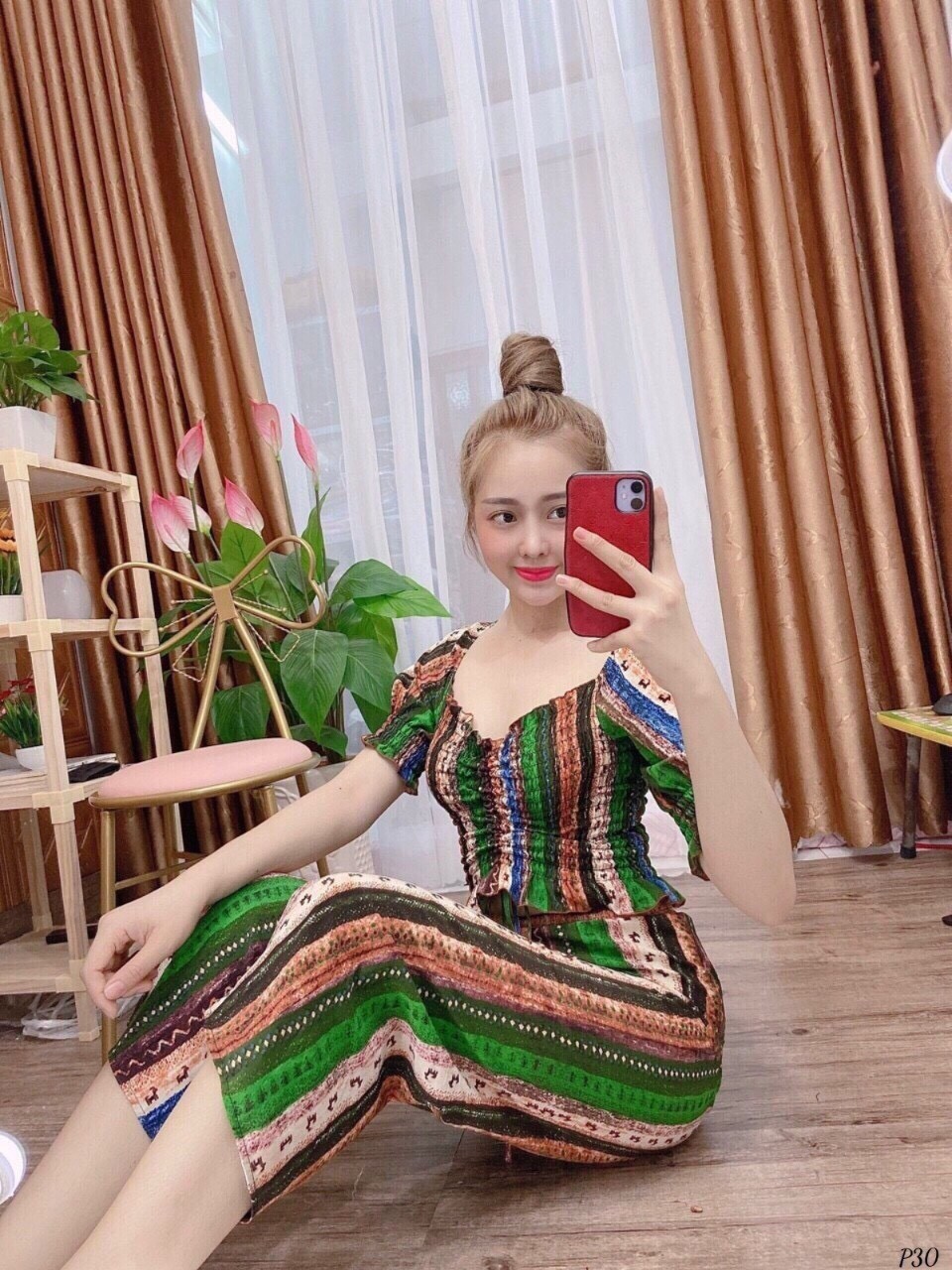 [HCM]Set bộ nữ thổ cẩm áo tay búp cổ vuông dây rút kèm quần dài ống suông