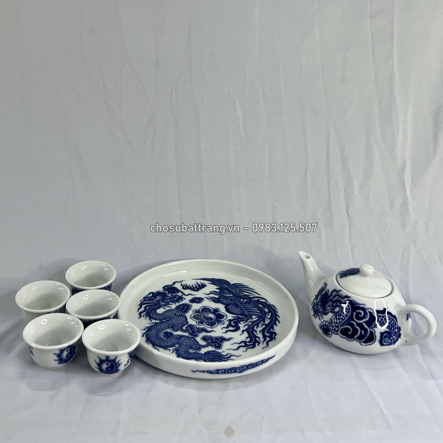 Bộ ấm chén thờ men xanh lam - 5 chén