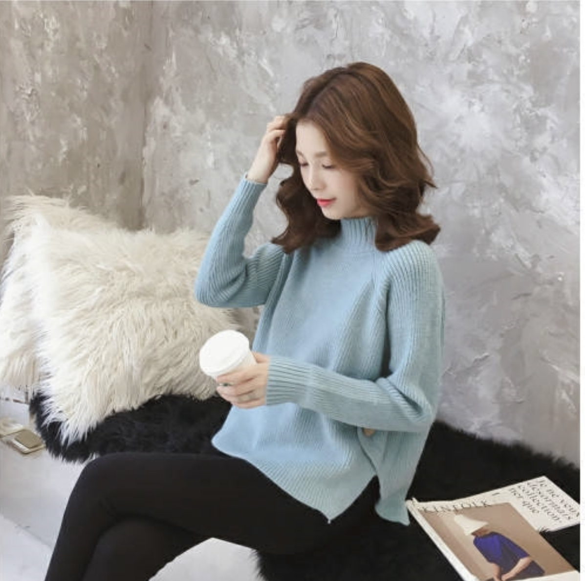 MS332 Áo len cổ 3p xẻ tà đính cúc sườn