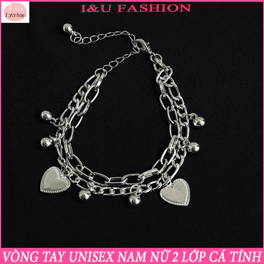 Vòng tay UNISEX Nam Nữ , Lắc tay 2 lớp gắn trái tim và bi tròn cá tính với 2 kiểu dây vô cùng độc đáo và thời trang màu bạc VT-33