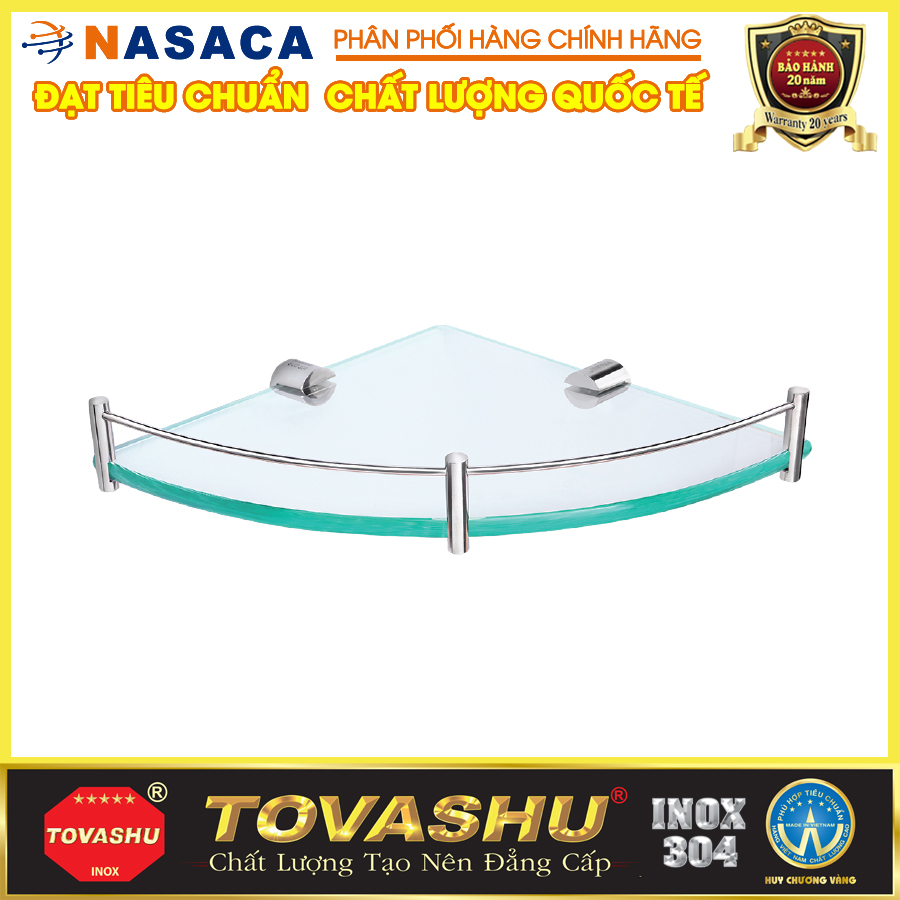 Kệ kiếng góc cường lực pass kiểu inox TOVASHU 304-GK (inox 304 - bảo hành 20 năm)