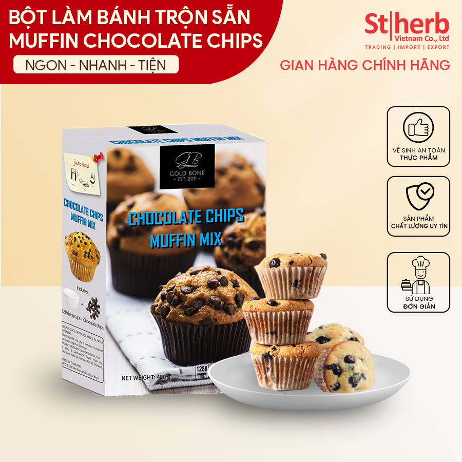 Bột làm bánh Muffin Socola Chips Gold Bone 400g (Có kèm cốc giấy cupcake)