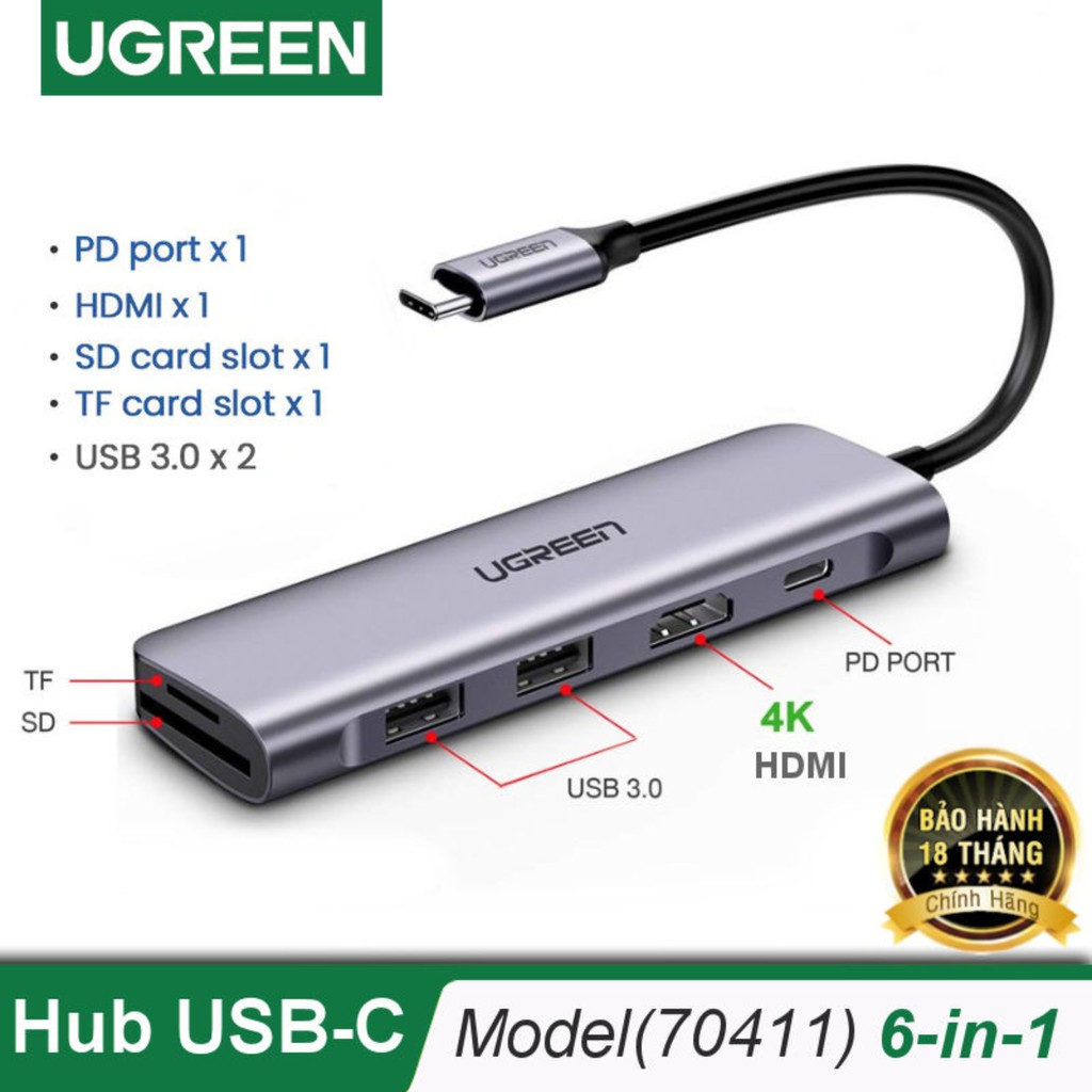 Thiết bị mở rộng usb type-c to hdmi/hub usb 3.0/sd/tf hỗ trợ sạc cổng usb-c ugreen 70411 chính hãng