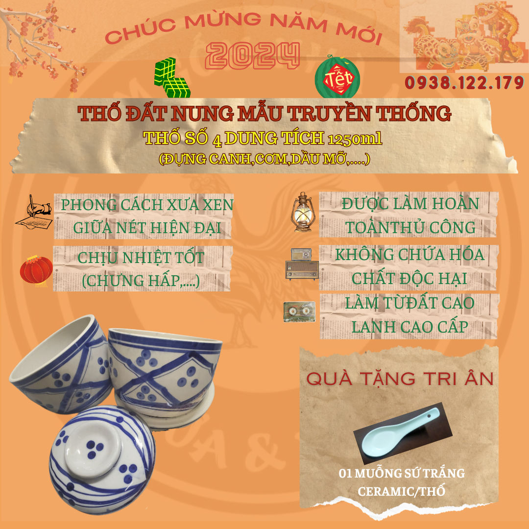 BỘ 4 THỐ HỦ ĐẤT NUNG TRUYỀN THỐNG (SIZE SỐ 1-2-3-4)