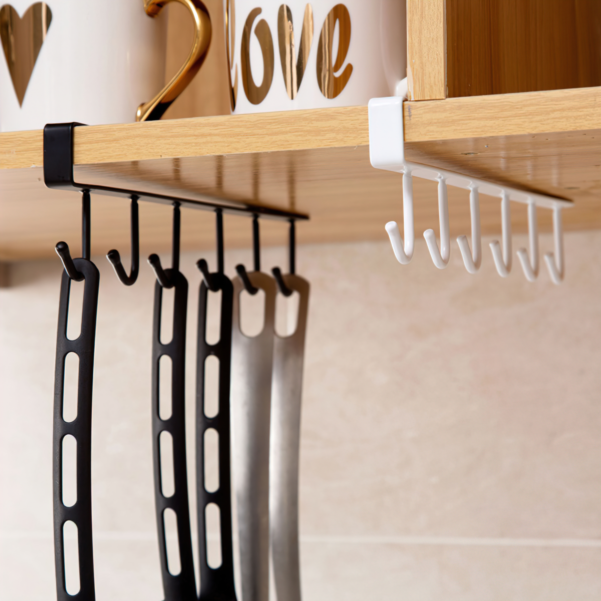 Kitchen Hanger with 6 Hooks Attached to Kitchen Cabinets and Shelves