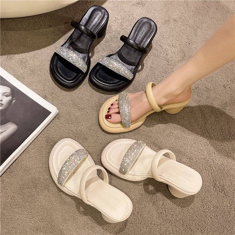㍿  Dép lê đính đá gót thô gót vừa giày cao gót instagram