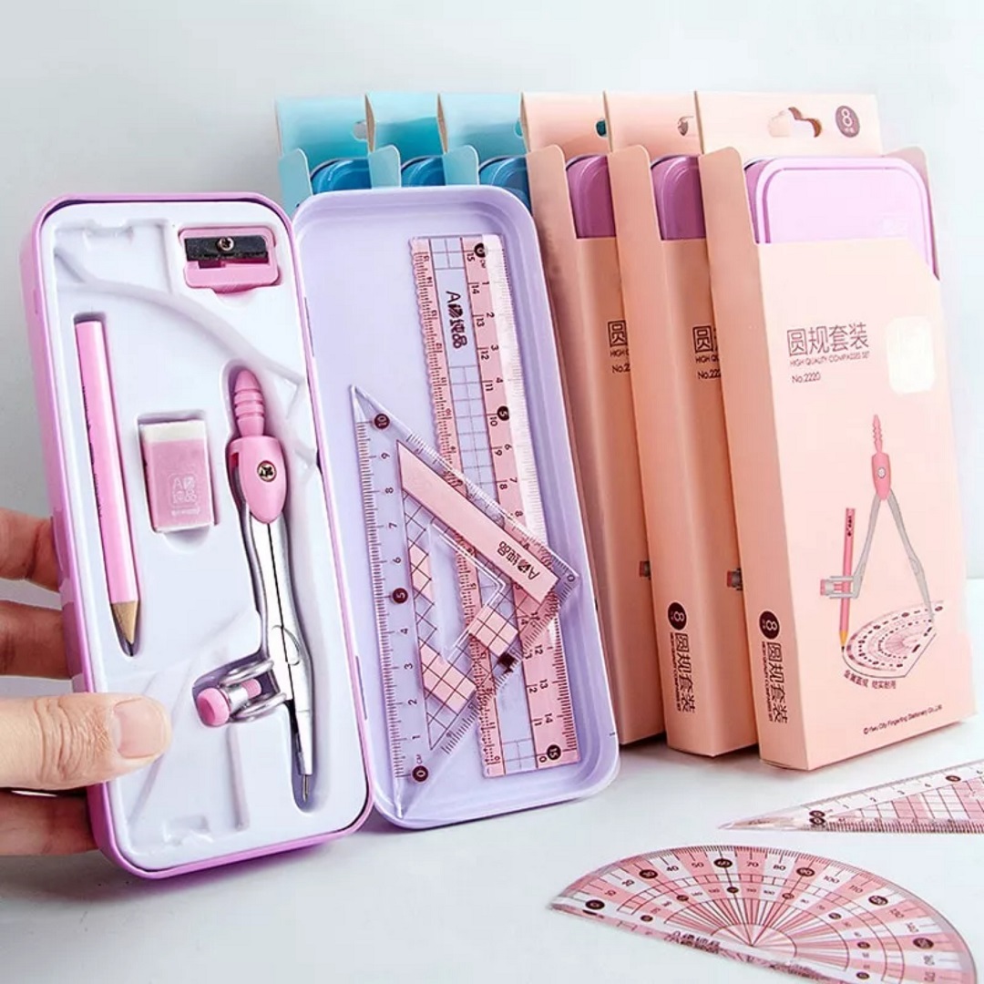 Bộ Compa, Eke Học Sinh, Gồm 8 Món: Compa, Chì Cây, Gọt Chì, Cục Tẩy, Thước kẻ, Thước Đo Độ, Eke Và Eke Vuông - 2P - Store