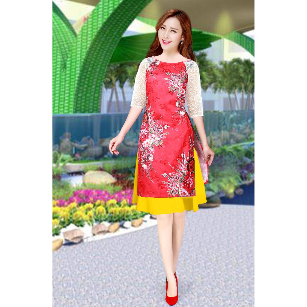 [HCM]Áo dài cách tân họa tiết hoa chùm ( áo và váy) sản phẩm tốt với chất lượng độ bền cao và được cam kết sản phẩm y như hình